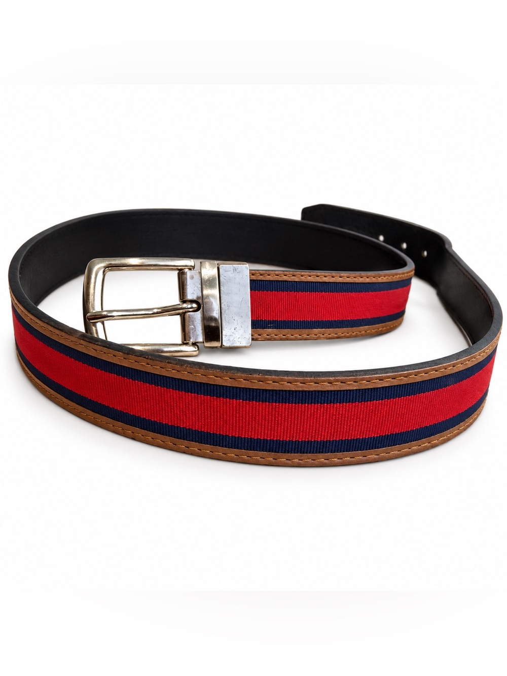 Tommy Hilfiger Red Navy Striped Ribbon Leather Belt Tan Trim Preppy Nautical, XL
